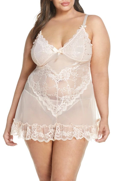 Shop Oh La La Cheri Valentine Soft Cup Babydoll Chemise & G-string Thong In Silver Peony