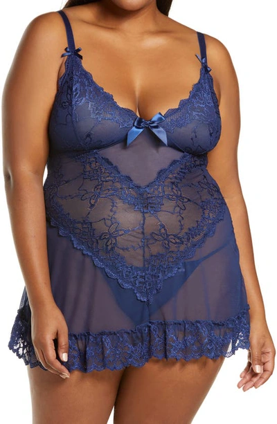Oh La La Cheri Plus Valentine Soft Cup Lace Babydoll With Bows And G-string Panty In Estate Blue