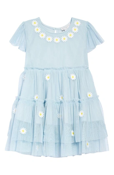 Shop Stella Mccartney Kids' Daisy Embroidered Tiered Tulle Dress In Blue