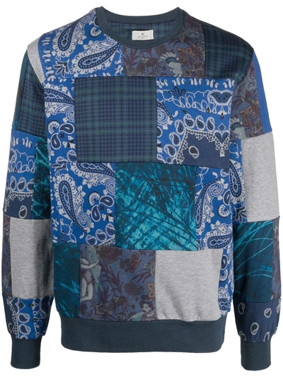 Etro Felpa Patchwork Cotton-blend Jersey Sweatshirt In Blue | ModeSens