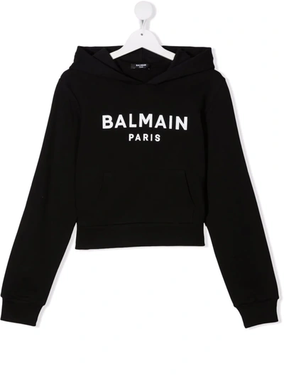 Shop Balmain Logo Print Hooded Sweatshirt In Black