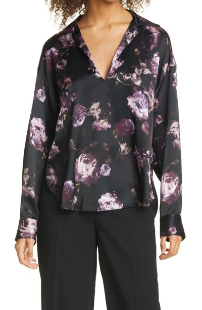 Shop Vince Night Garden Silk Popover Blouse In Black