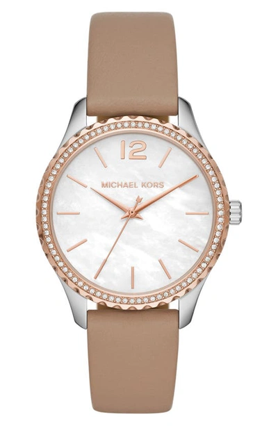Shop Michael Kors Layton Bracelet Watch, 38mm In Brown/ White Mop/ Silver