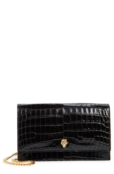 Shop Alexander Mcqueen Skull Croc Embossed Leather Shoulder Bag In 1001 Black