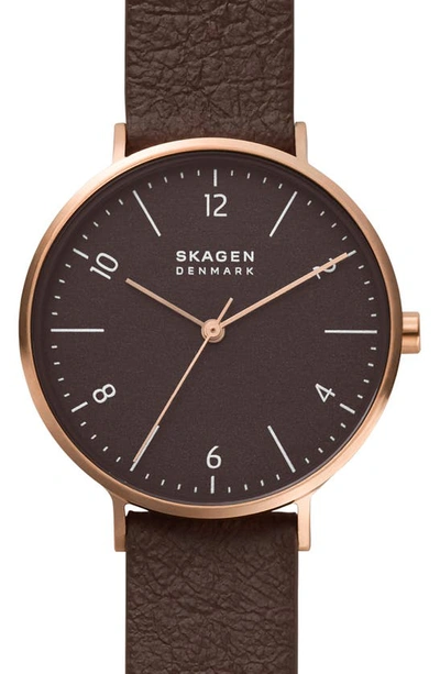 Skagen Women's Aaren Naturals Brown Mulberry Leather Alternative Strap  Watch, 36mm | ModeSens
