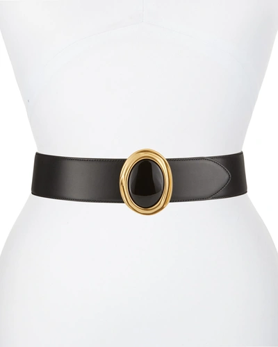 Shop Saint Laurent Cabachon Buckle Leather Belt In Nero