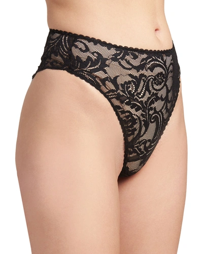 Shop Versace High-rise Lace Thong In Black