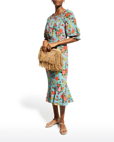 Shop Saloni Grace Floral-print Silk Midi Dress In Azure Dahlia