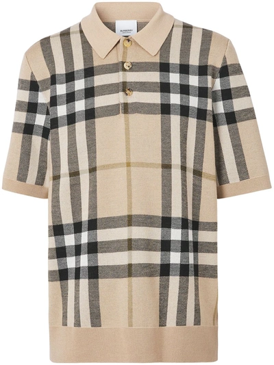 Shop Burberry Check Jacquard Knitted Polo Shirt In Braun