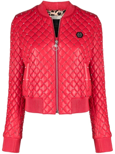 Shop Philipp Plein Stud-embellished Bomber Jacket In Red