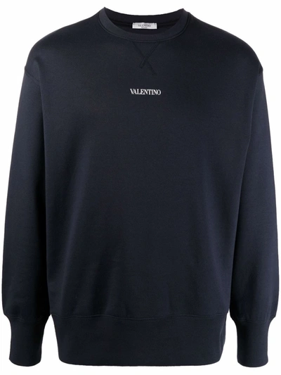 Shop Valentino Logo Cotton Crewneck Sweatshirt In Blue