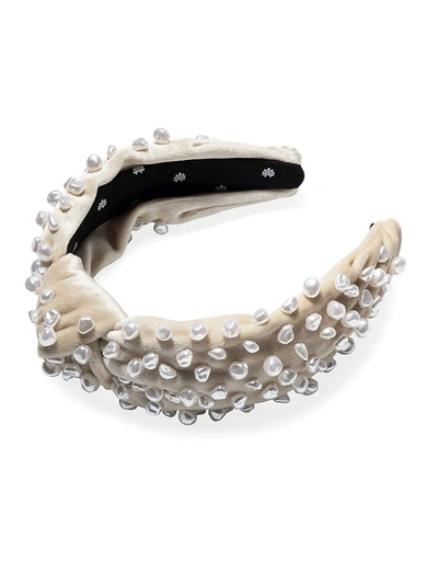 Shop Lele Sadoughi Faux Pearl-embellished Knotted Headband In Ivory