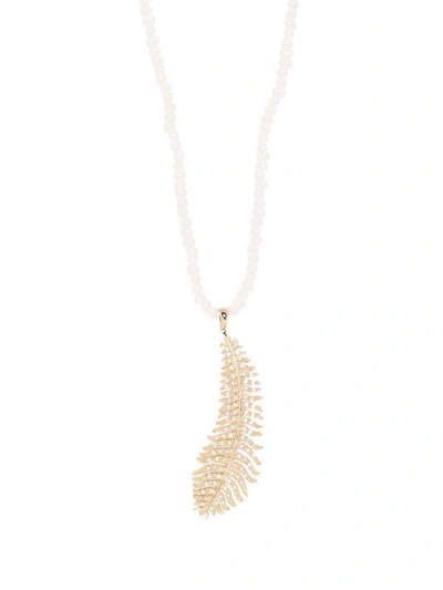 Shop Mizuki 14kt Yellow Gold Long Dancing Pearl Large Diamond Feather Necklace