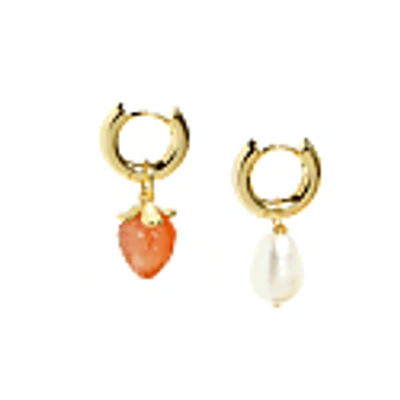 I'mmany London Organic Fruit And Pearl Asymmetrical Hoop Earrings, 18k Gold Vermeil, Agate Strawberry In Hoop