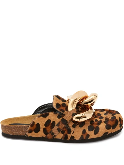 Shop Jw Anderson Chain Loafer Leopard Print Mules In Braun