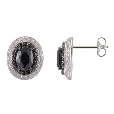 Shop Morgan & Paige Rhodium Plated Sterling Silver Black And White Cabochon And Cz Halo Stud Earrings In Black,silver Tone,white