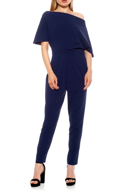 Shop Alexia Admor Draped One-shoulder Jumpsuit In Navy