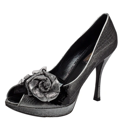 Pre-owned Louis Vuitton Ombre Black/silver Shimmery Lurex Fabric Floral Embellished Peep Toe Pumps Size 37.5