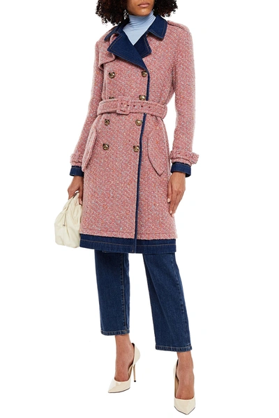 Shop Moschino Denim-trimmed Wool-blend Bouclé-tweed Trench Coat In Antique Rose