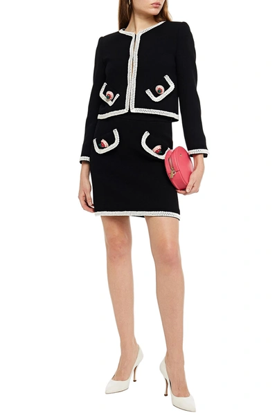 Shop Moschino Crochet-trimmed Appliquéd Wool-blend Crepe Jacket In Black