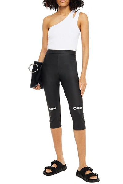 Shop Off-white Cropped Printed Coated Stretch-jersey Leggings In Black