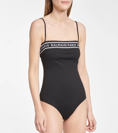 Shop Balmain Logo Swimsuit In Black