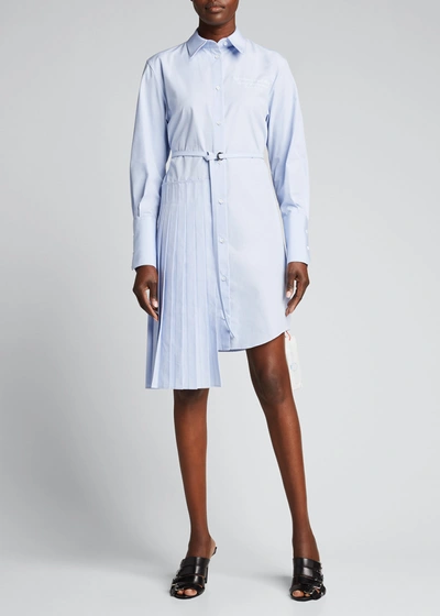 Shop Off-white Logo-embroidered Plisse Belted Shirtdress In Light Blue