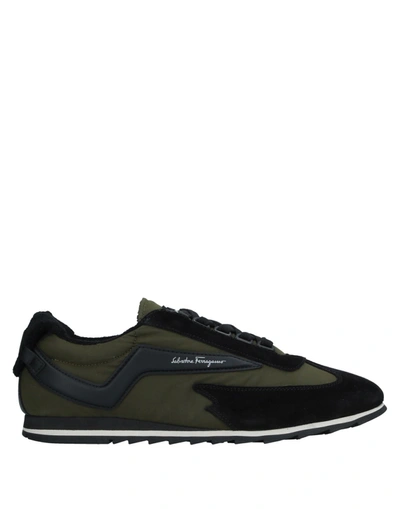 Shop Ferragamo Man Sneakers Military Green Size 9 Soft Leather, Textile Fibers
