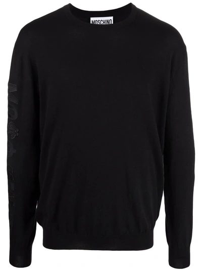 Shop Moschino Appliqué-logo Crew Neck Sweater In Black