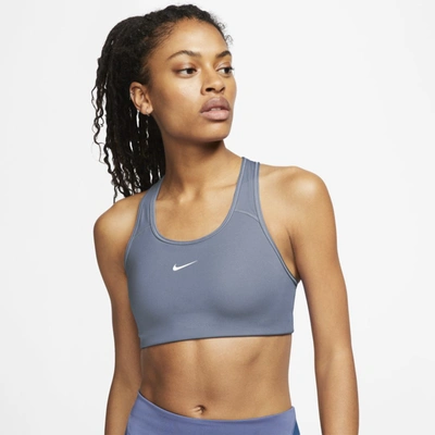 Shop Nike Swoosh Women's Medium-support 1-piece Pad Sports Bra In Ashen Slate,white