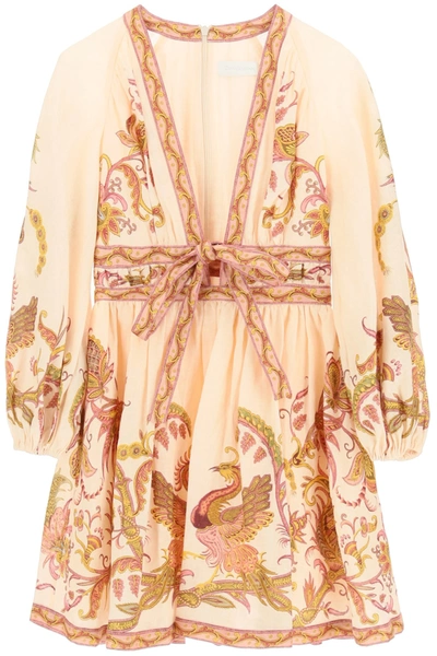 Shop Zimmermann Bird Floral Print Mini Dress With Bow In Mixed Colours