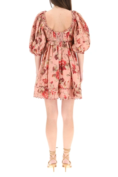 Shop Zimmermann Cassia Mini Dress In Floral Linen In Mixed Colours