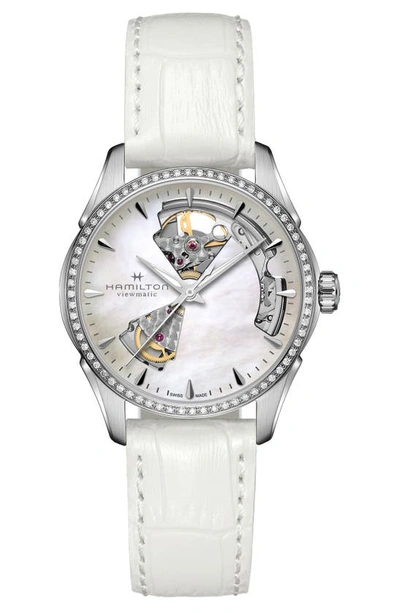 Shop Hamilton Jazzmaster Open Heart Leather Strap Watch, 36mm In White