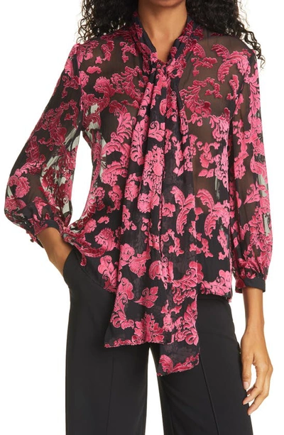 Shop Alice And Olivia Jeannie Bow Silk Burnout Blouse In Show Me Love Wild Pink