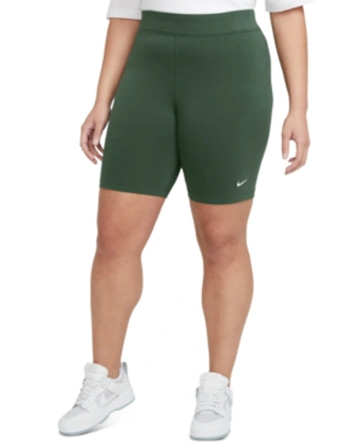 Shop Nike Sportswear Plus Size Women's Essential Mid-rise Bike Shorts In Galactic Jade/white