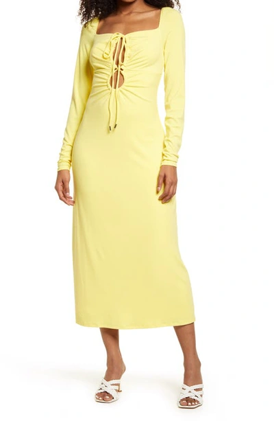 Shop Afrm Jordana Cutout Long Sleeve Rib Midi Dress In Goldfinch