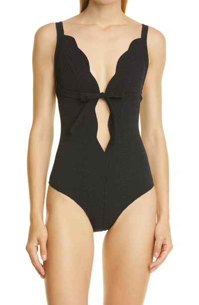 Lisa Marie Fernandez Scallop Bow Seersucker Maillot One-piece Swimsuit In Black Seersucker