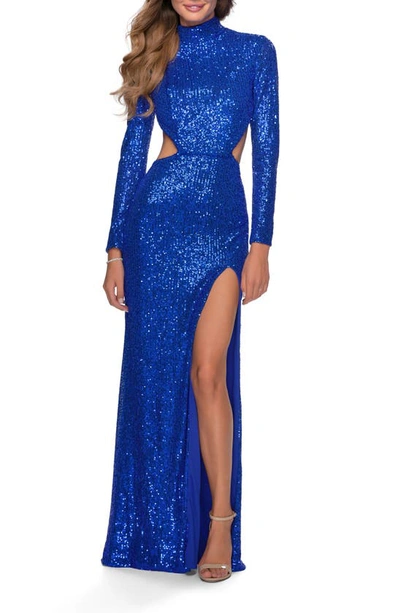 Shop La Femme Sequin Long Sleeve Cutout Gown In Royal Blue