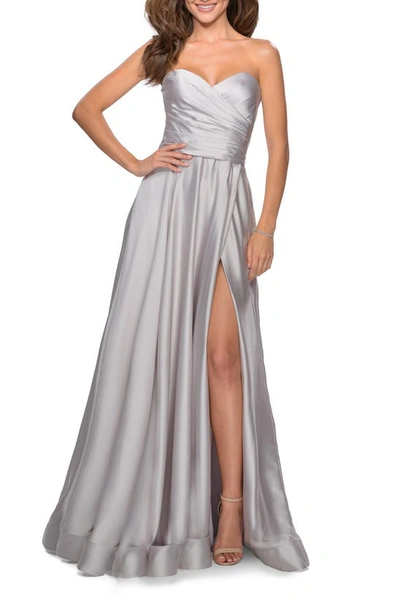 Shop La Femme Strapless Slit Satin Ballgown In Silver