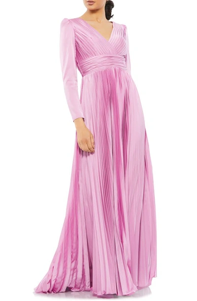 Shop Mac Duggal Long Sleeve Pleated Chiffon A-line Gown In Lilac