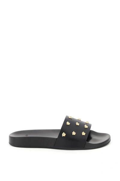 Shop Versace Mules With Medusa Studs In Black,gold