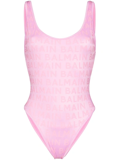 Shop Balmain Logo-print Scoop Neck Swimsuit In Rosa