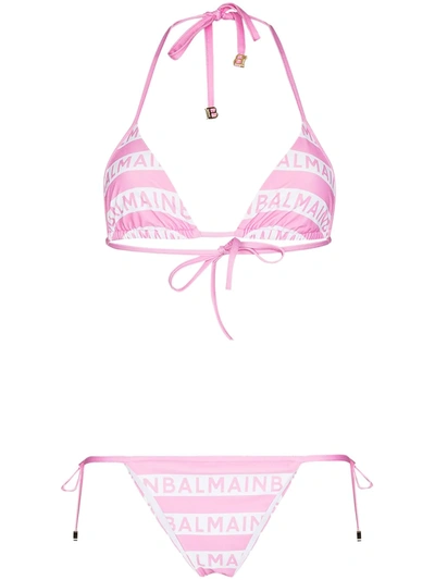 Shop Balmain Logo-stripe Triangle Bikini In Rosa