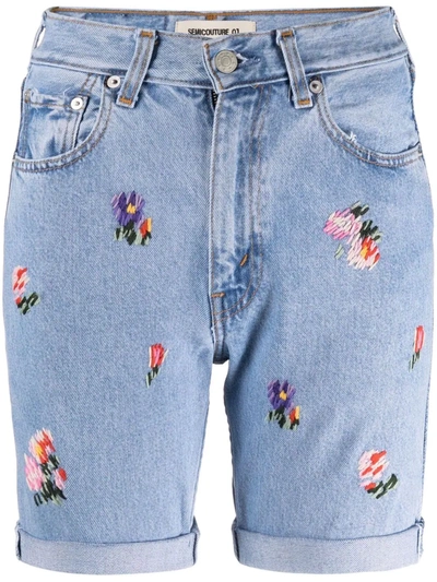 Shop Semicouture Mathilde Floral-embroidered Denim Shorts In Blau
