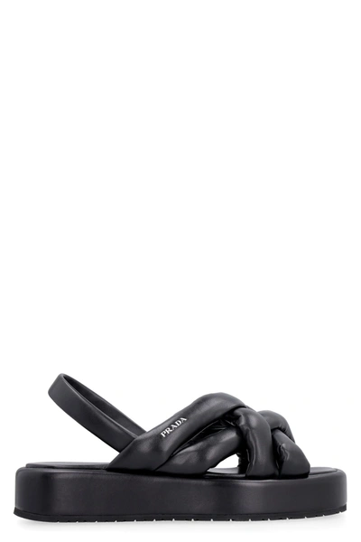 Prada Woven Leather Slingback Flatform Sandals In Black