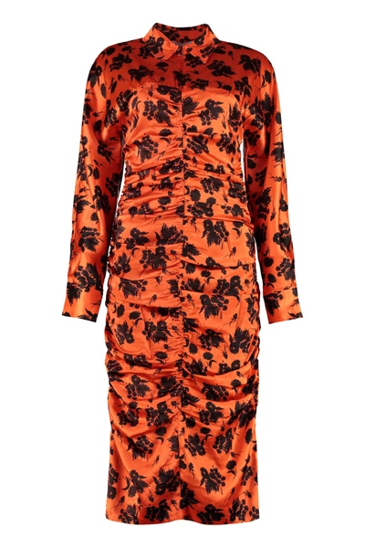 Shop Ganni Printed Silk Dress In Orange