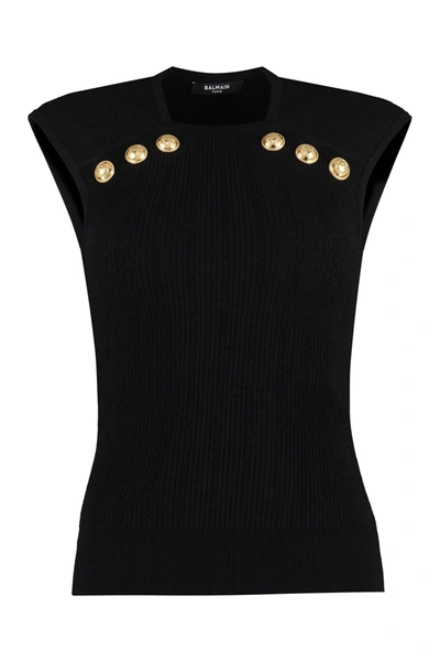 Shop Balmain Knitted Viscosa-blend Top In Black