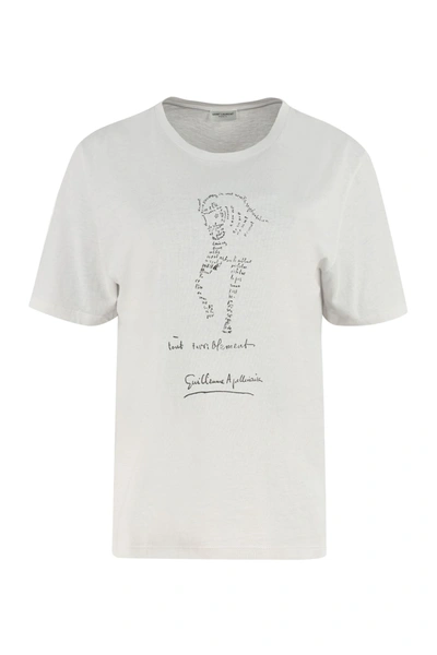 Shop Saint Laurent Printed Cotton T-shirt In Ecru
