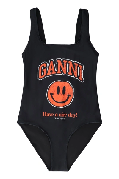 Shop Ganni One-piece Swimsuit With Logo In Black