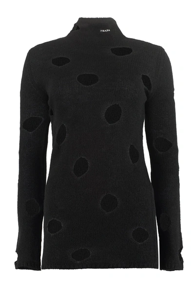 Prada Openwork Viscose Turtleneck Sweater In Black